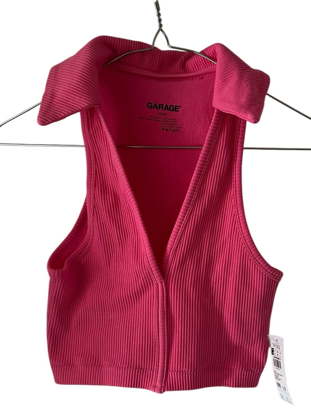 Garage Hot Pink Ribbed Collared Crop Tank